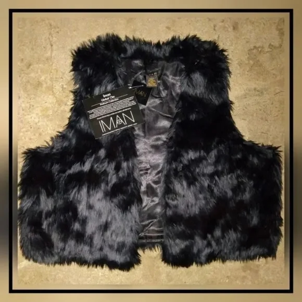 IMAN Global Chic Platinum Collection Black Faux Fur Vest